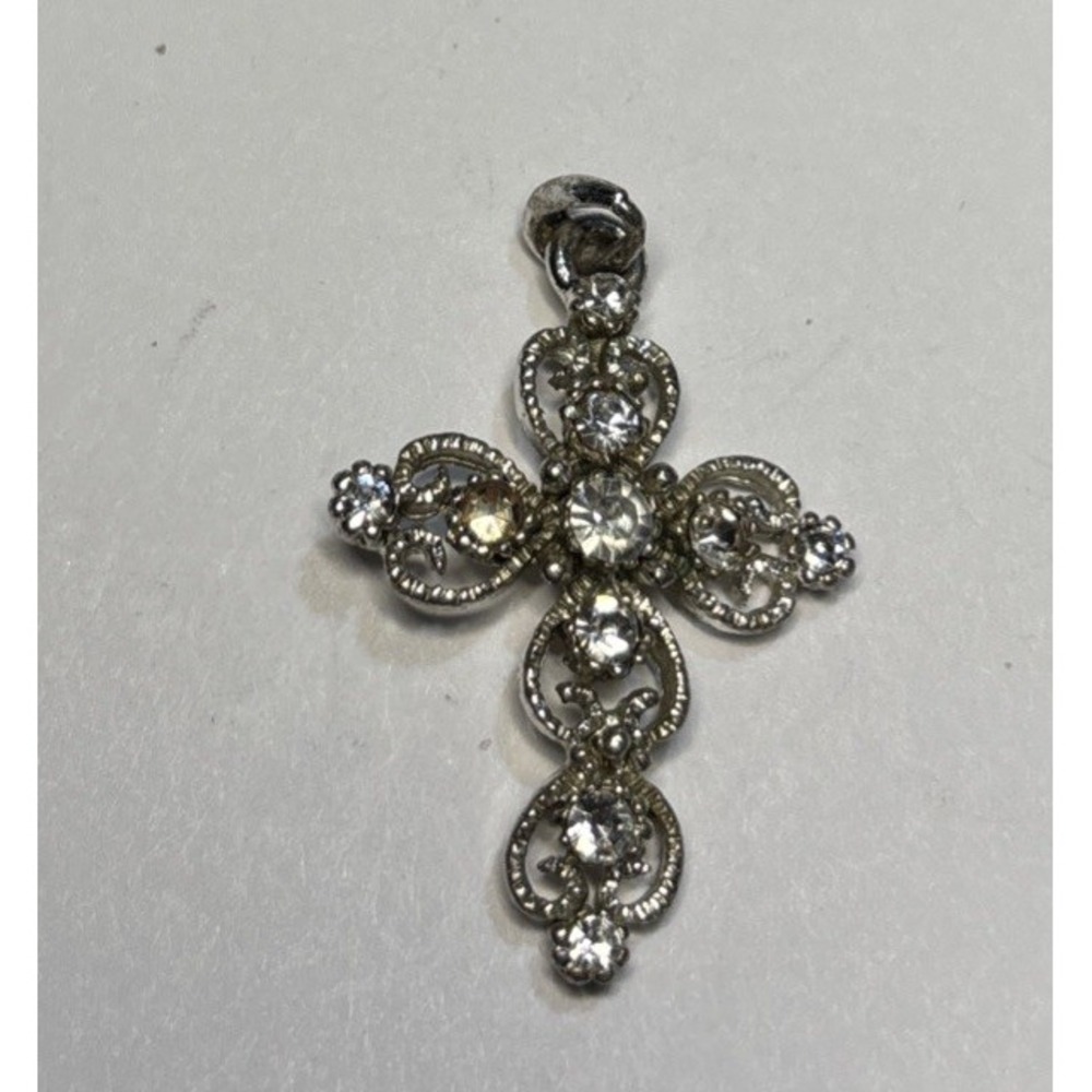 Silver Tone Rhinestone Cross Pendant Charm Clear Crystal Religious Jewelry 1"